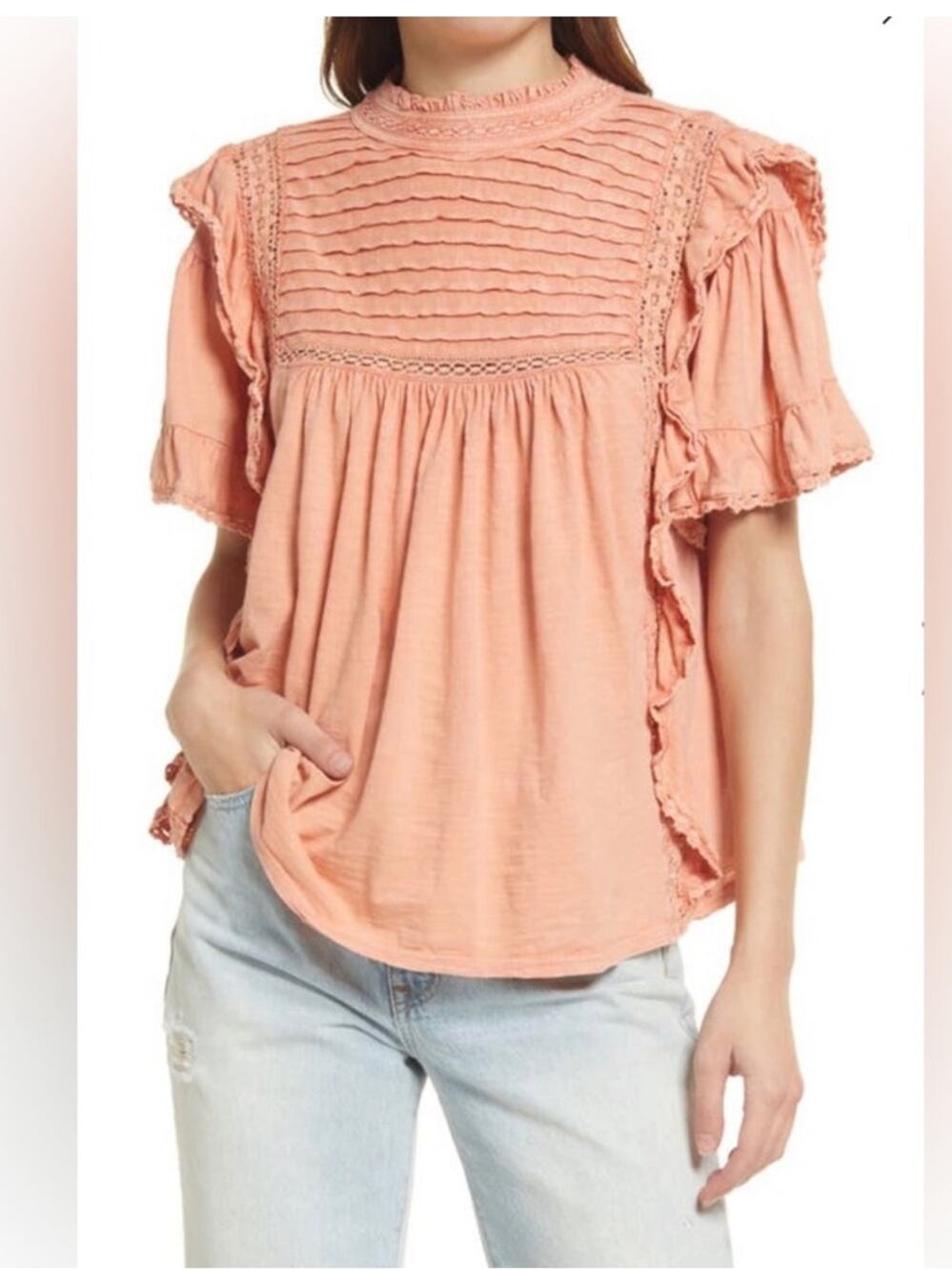 Free People Le Femme Top Lace Ruffled Short Sleeve 100% Cotton Orange Size Small